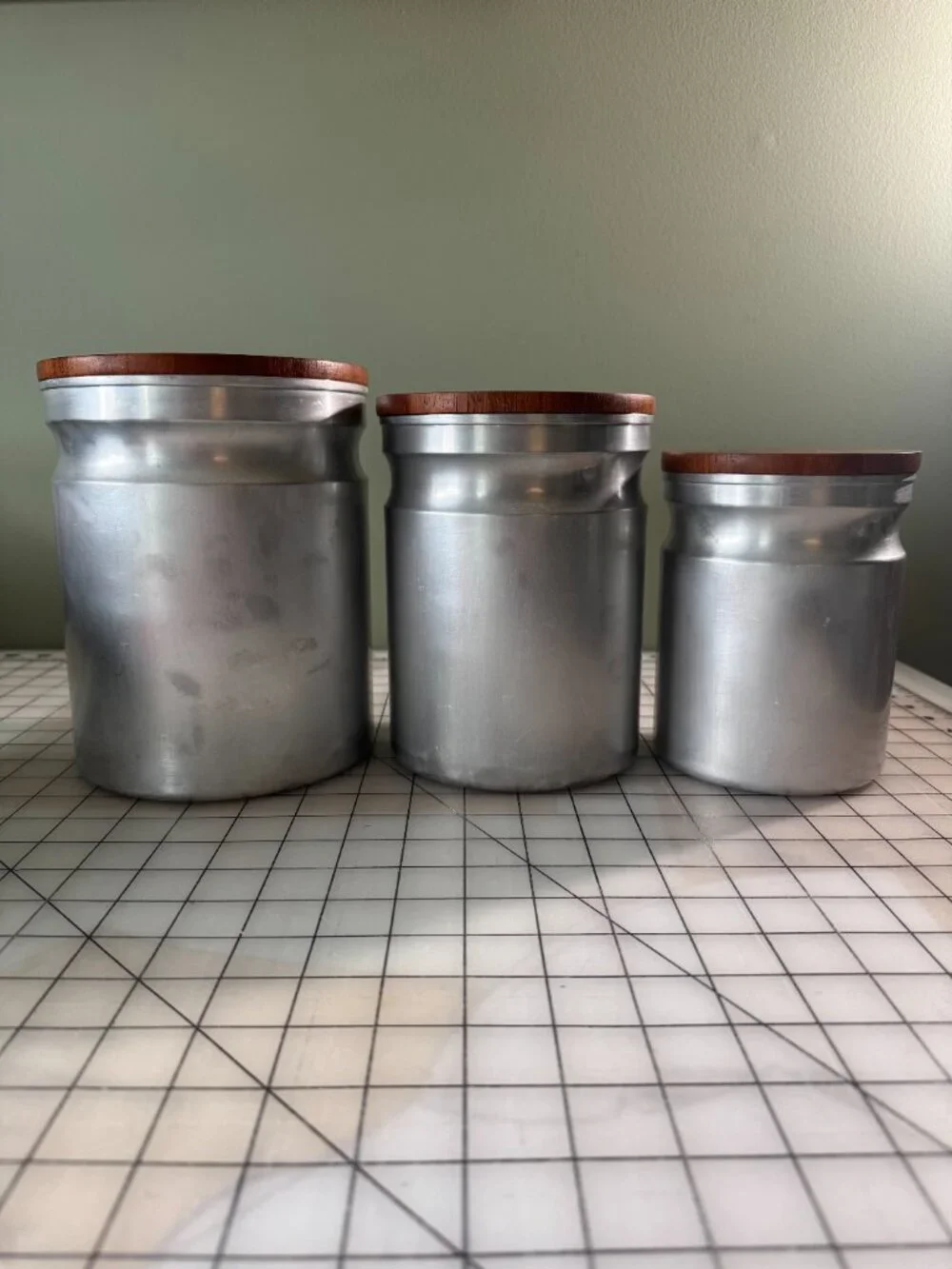 Vintage Atapco MCM Aluminum & Siam Teak Nesting Kitchen Canister Set 3pc